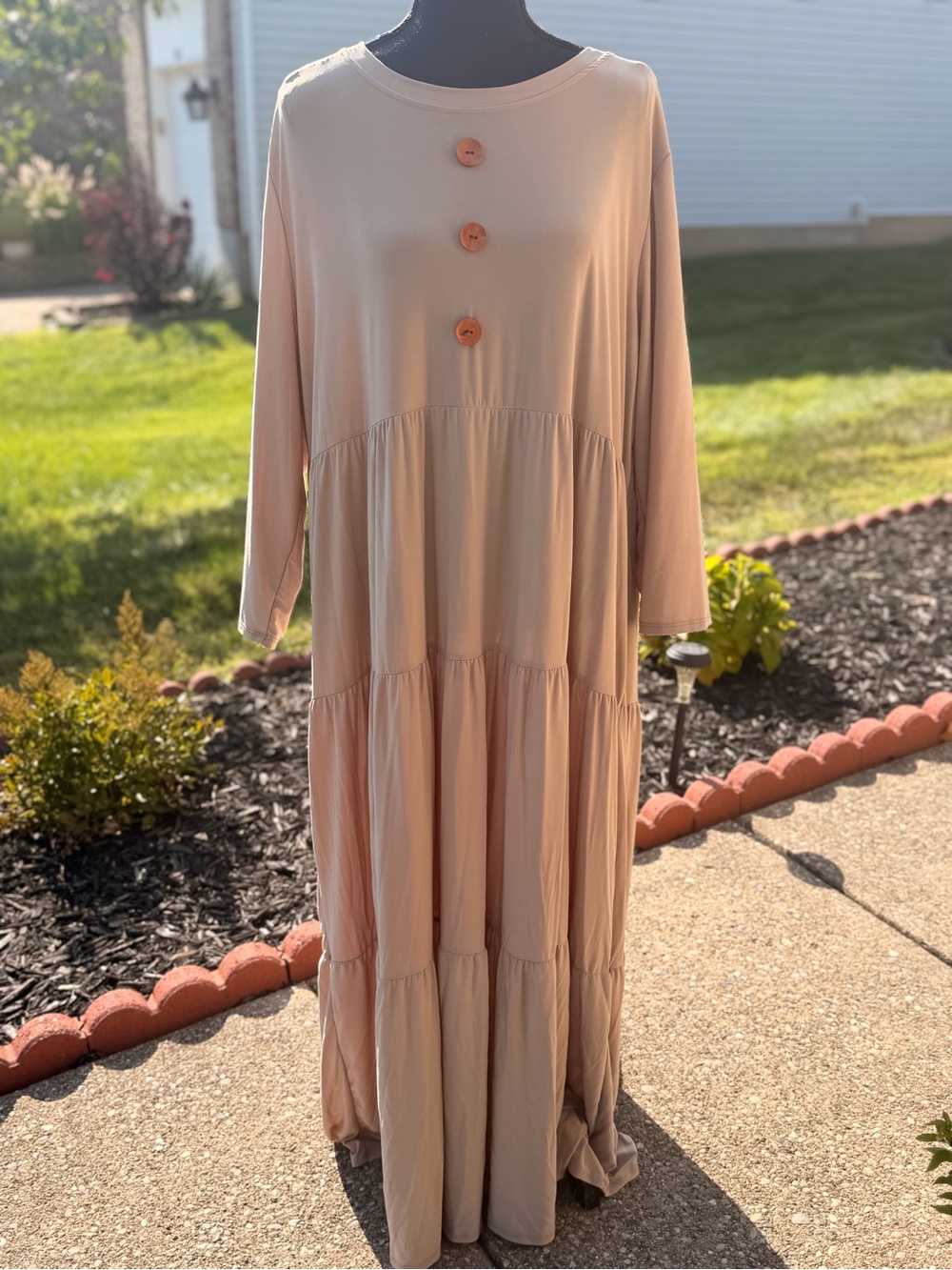 Women's Tan Tiered Maxi Dress with Button Detail